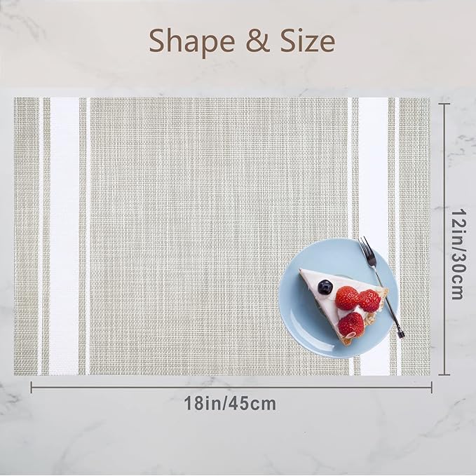 DACHUI Placemats Set of 4, Soft & Elegant Woven Vinyl Place Mats, Water Resistant, Heat Resistant, Washable, Durable Table Mats (White Stripes)