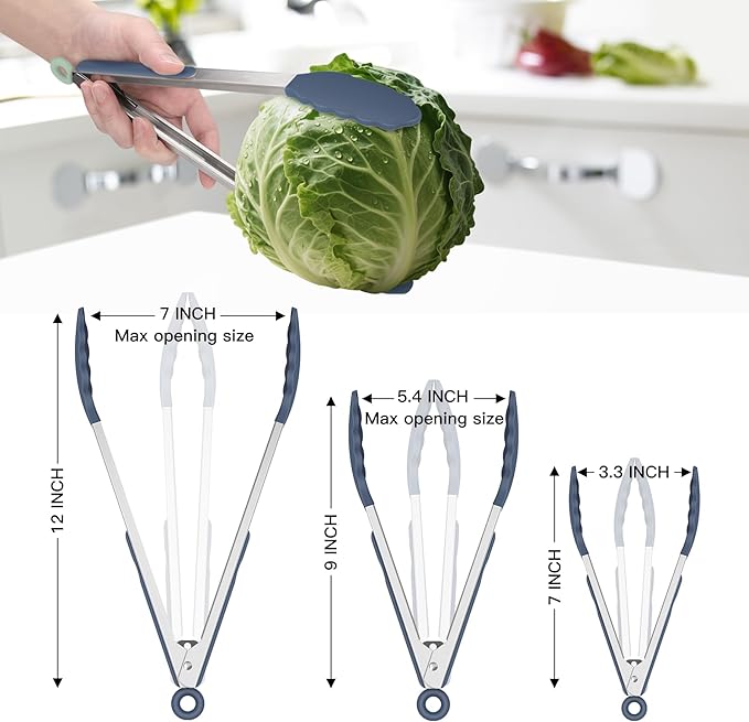 HOTEC Premium Stainless Steel Locking Kitchen Tongs with Silicon Tips, Set of 3-7", 9" and 12" (Dusty Blue)