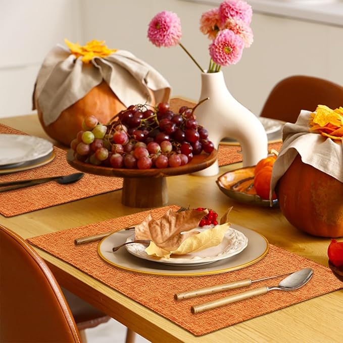 Homaxy Cloths Placemats for Dining Table Set of 8, Heat Resistant Washable Cotton Linen Blend Table Mats, Easy to Clean Place Mats for Indoor Outdoor Party Kitchen Decoration, 13" x 19", Orange