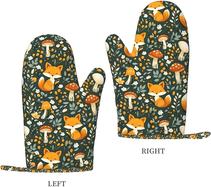 Fox Silicone Oven Mitts Set of 2, Heat Resistant up to 500°F, Kitchen Oven Gloves with Non-Slip Grip and Soft Cotton Lining for Baking, Cooking and BBQ