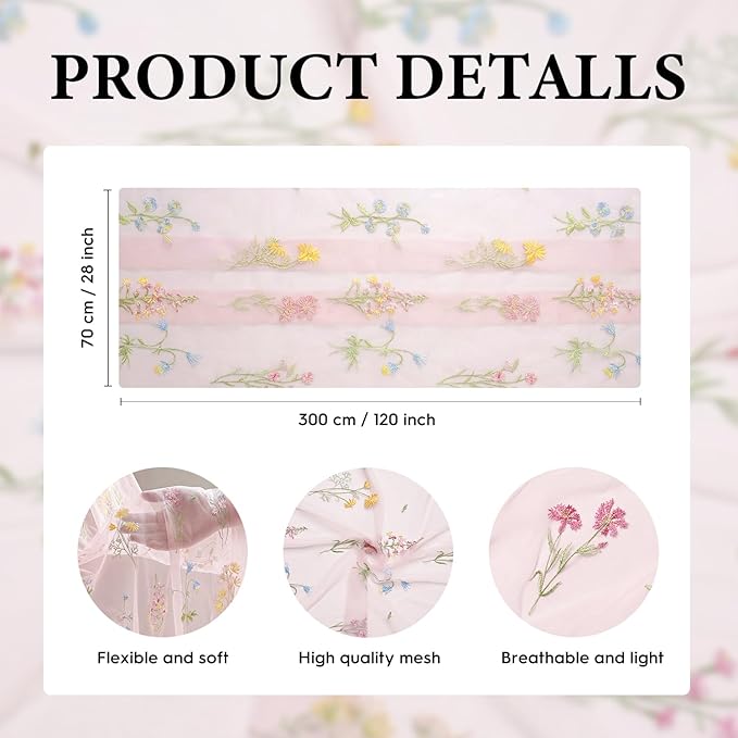 Artoid Mode Wildflower Floral Light Pink Gauze Embroidery Table Runner 120 Inch 10FT, Tulle Seasonal Spring Kitchen Dining Table Decor for Home Party