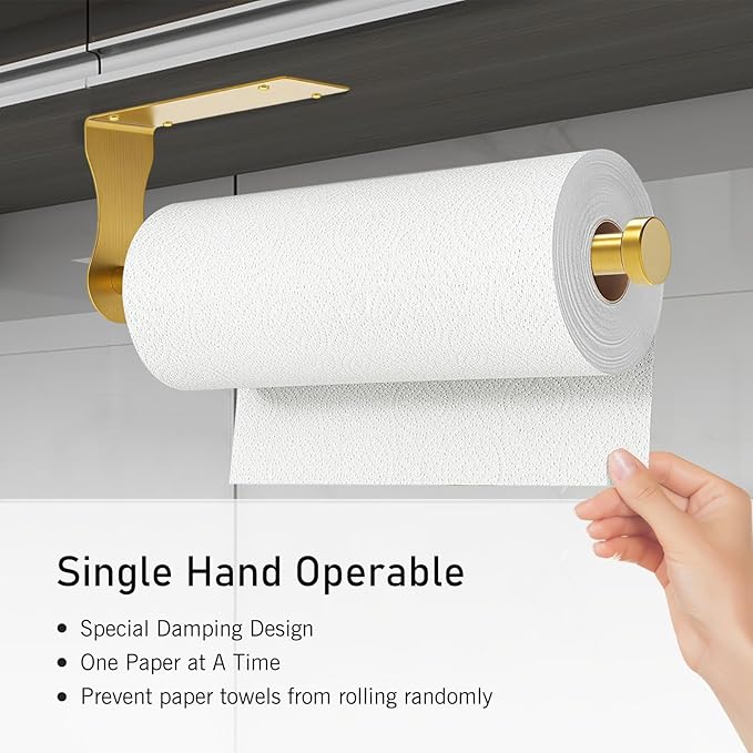 SetSail Paper Towel Holder, Single Hand Operable Paper Towel Holder Under Cabinet with Adjustable Damper Easy Tear Wall Mount Self-Adhesive or Drilled for Kitchen Bathroom, Gold