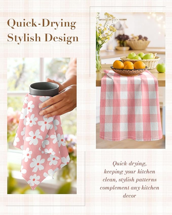 Miss Adola 2pcs Flour Sack Kitchen Towels - 18"x 26" Cotton Kitchen Hand Towels with Hanging Loop Reusable Geometric Girly Plaid Floral Tea Towel Absorbent Dishcloths Home Decor, Pink Flower