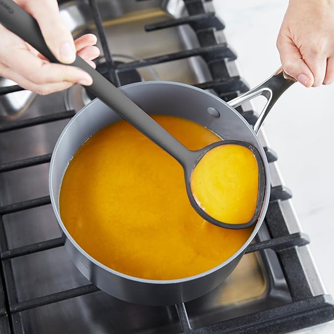 GreenPan Silicone Ladle, Soup Mixing Stirring Serving, Cooking Kitchen Utensil, Flexible Rubber Nonstick Cookware, Rigid Steel Core, Heat-Resistant, Anti-Slip Handle, BPA-Free, Dishwasher Safe, Gray