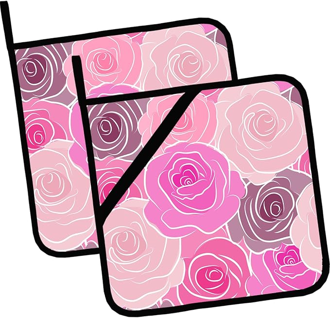 Pink Gold Rose Floral Pot Holders Set of 2,Kitchen Heat Resistant Potholder for BBQ Cooking Baking,Food Hot Pad for Women Men