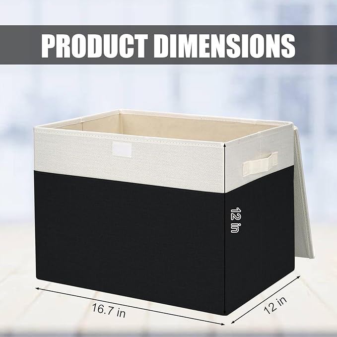 Bagnizer Large 42 Quarts Fabric Storage Bins with Lids [2-Pack] Linen Collapsible Foldable Baskets, Closet Organizer Containers boxes with Handles for Home Office (16.7 x 12 x 12, Black & White)