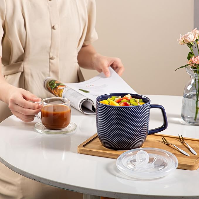 Ceramic Soup Bowls with Lid & Handle: 32 oz Microwave Safe Food Containers for Ramen Noodles Cereal Leftovers - Extra Large Mugs for Breakfast Lunch Picnic Camping - Navy, Set of 2