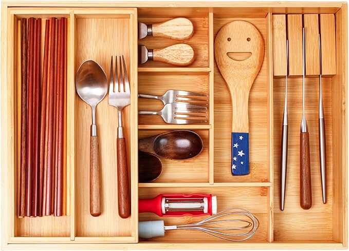 COIWAI Double Layer Bamboo Kitchen Drawer Organizer Cutlery Utensil Silverware Drawer Organizer, Silverware Tray for Drawer Removable Utensil Holder Flatware Organizer Multi-use Storage Box (L)