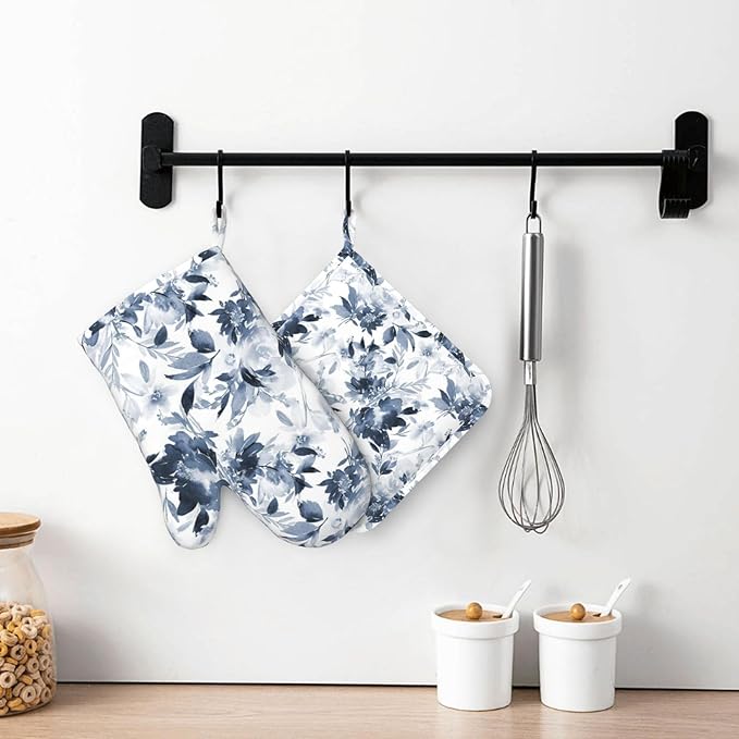 Navy Blue Floral Oven Mitts and Pot Holders 4 pcs Set Silicone Dark Blue and White Flower Kitchen Oven Mitt Gloves Pot Holders Non-Slip Heat Resistant Cooking Mitts Set for Kitchen Baking