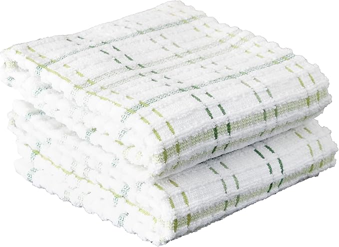 Ritz Royale Collection 100% Combed Terry Cotton, Highly Absorbent, Oversized Checked Kitchen Towel Set, 28" x 18", 2-Pack, Cactus Green