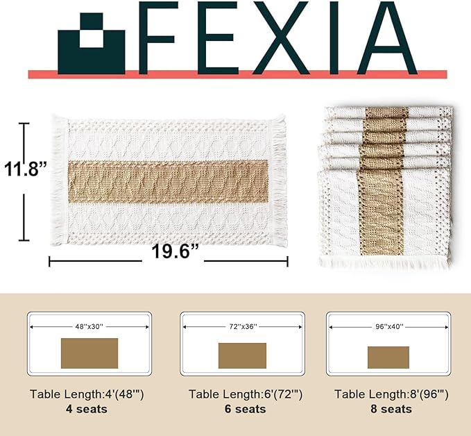 FEXIA Boho Placemats Set of 6, Macrame Table Decor Farmhouse Style Placemats in Natural Cotton Burlap, for Kitchen and Dining Table Centerpiece Home Decorations（Beige & Brown）
