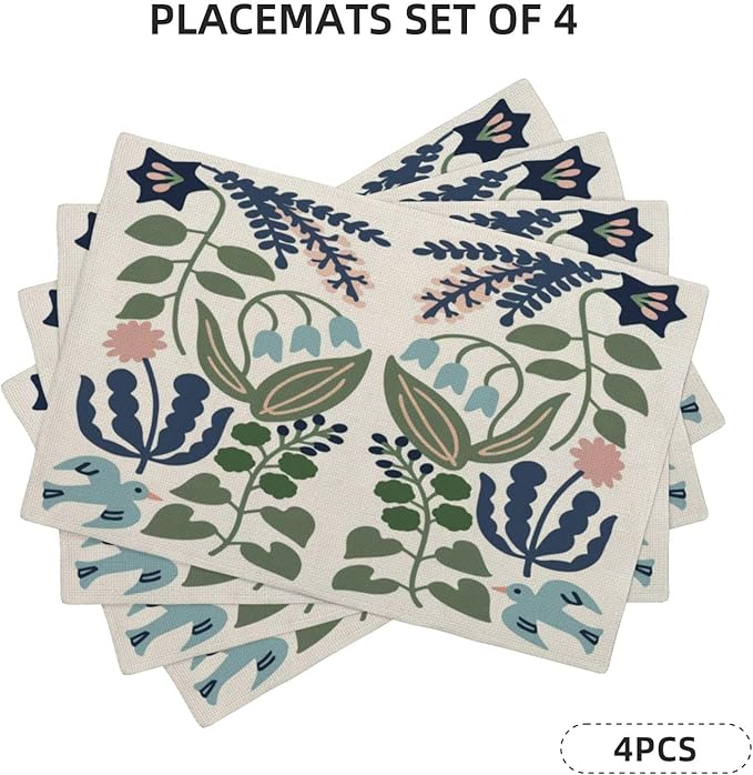 Boho Placemats Set of 4 Navy Blue Sage Green Vintage Floral Decor Place Mats 12x18 Inch Flower Spring Summer Seasonal Farmhouse Decoration Linen Table Mats for Home Kitchen Dining Party Table