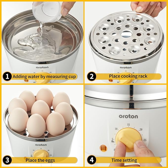 Oroton 9-Egg 304 Stainless Steel Egg Cooker – Steam & Boil Eggs with Timer, Automatic Shut-Off & 3 Cooking Modes (Black)(Hard/Medium/Soft)