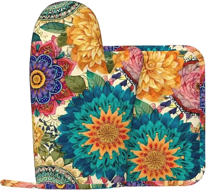 Oven Mitts and Pot Holders Colorful Flower Pattern Boho Silicone Kitchen Accessories Set of 2 Heat Resistant Long Gloves Potholder Non-Slip Grip for Chef Cooking,Baking,Grilling,BBQ