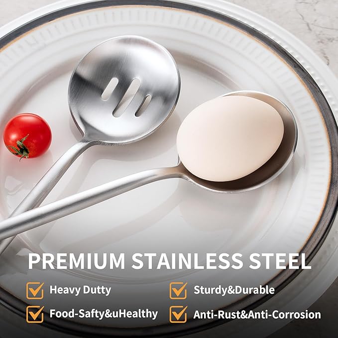 O.C.E. 4 Pieces Serving Spoons Set, 10.3-Inch Large Serving Spoon, Including 2 Spoon and 2 Slotted Spoons, Stainless Steel Flatware Serving Set, for Buffet, Banquet or Gift, Matte Silver
