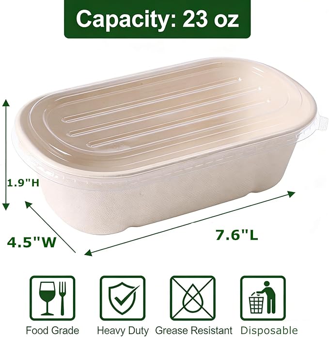 50 Pack Disposable Meal Prep Containers, 23oz Take Out Food Containers with Lid, Microwave Safe Bagasse To Go Paper Bowls Soup Serving Bowls for Salad, Leftovers, Lunch