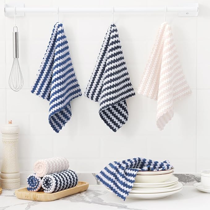 Homaxy 18 Pack Kitchen Dish Cloths, Ultra Soft and Absorbent Dish Towels, Reusable Fast Drying Microfiber Cleaning Cloth, Coral Velvet Wave Design No-lint, 10 x 10 inches, Dark Grey/Navy Blue/Beige