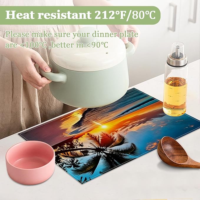 Tropical Beach Palm Tree Sunset Placemats Set of 6, Washable Heat Resistant Table Mat Linen Place Mats for Party Kitchen Dining Home Decor 12x18 Inch