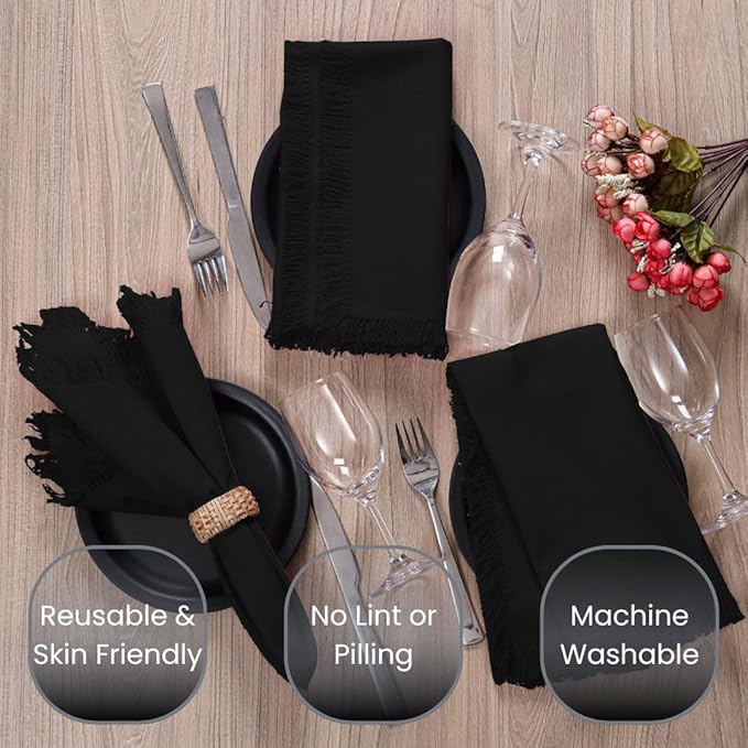 Cloth Dinner Napkins 100% Cotton Set of 6 - Soft Durable Reusable Napkins - Perfect for Dining Weddings Parties Holidays Christmas and Everyday Use - Large 20x20 Inch Cloth Napkins Black
