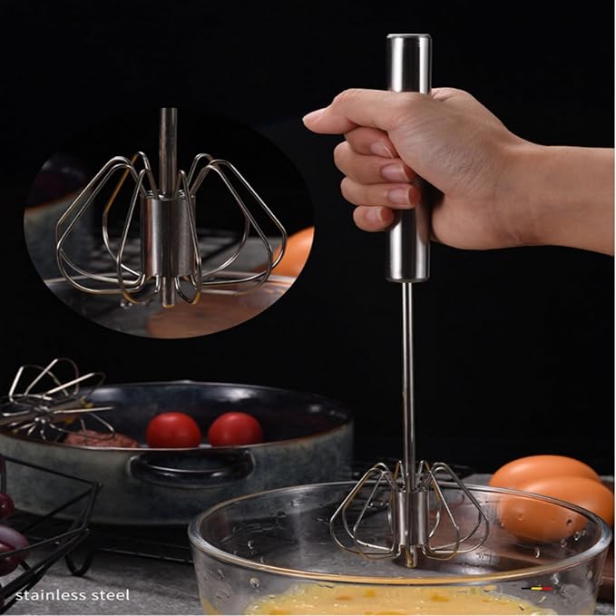 Semi-Automatic Stainless Steel Egg Whisk, Hand-Operated Rotary Whisks, Multi-functional Stainless Steel Kitchen Mixing Tool, Manual Egg Whisk, Suitable for Mixing, Whipping, and Stirring, 12"