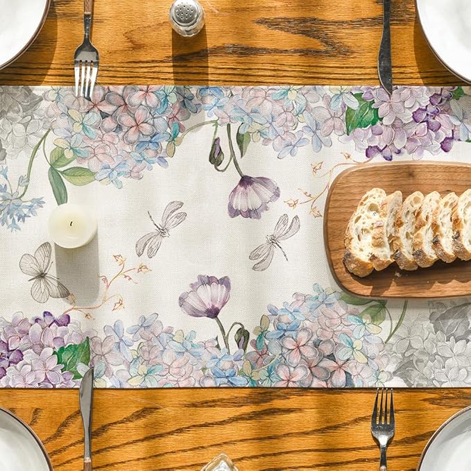Artoid Mode Every Day is A Gift Dragonfly Hydrangea Spring Table Runner, Seasonal Summer Kitchen Dining Table Decoration for Home Party Decor 13x72 Inch