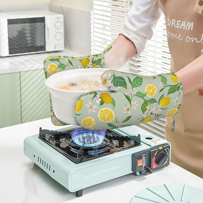 Lemon Oven Mitts Pot Holders Set Silicone Lemon Paper Yellow Citrus Fruit Lemons Kitchen Oven Mitts Heat Resistant Potholders Non-Slip 4pcs Hot Pads and Oven Gloves Sets for Baking,Grilling