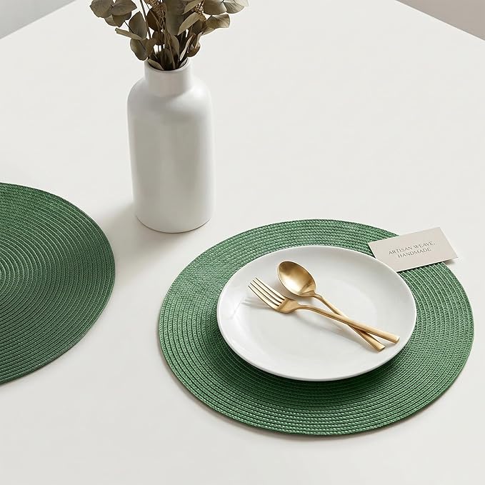 AHHFSMEI Round Placemats Set of 4 Heat Resistant Washable Non-Slip Woven Braided Table Mats for Dining Table Kitchen & Home Decor (Olive Green,4)
