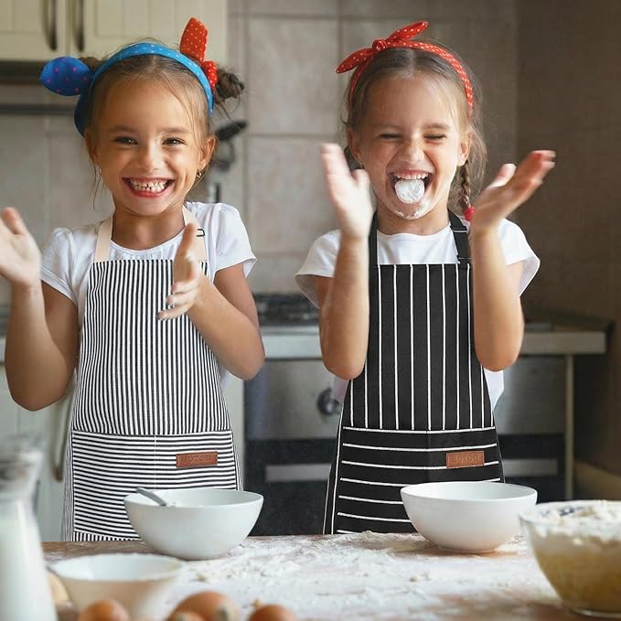 2 Pack Stripes Kids Apron, Kids Cooking Aprons with 2 Pockets, Cute Aprons for Cooking for Boys and Girls
