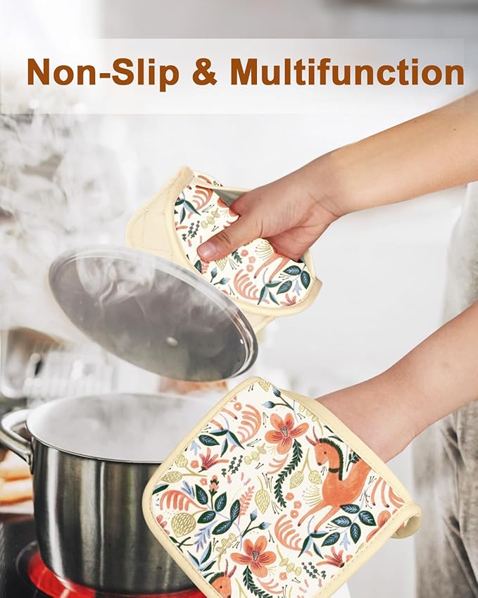 Swooflia 100% Cotton Pot Holders 2 Pack Set for Kitchen with Pockets - Cute 440°F Heat Resistant Oven Hot Pads Heavy Duty for Countertop Home Cooking Baking Microwave BBQ Horse