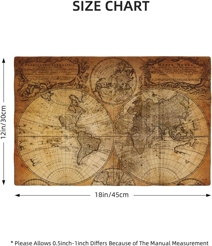 Vintage World Map Placemats Set of 4 Old Paper Linen Washable Retro Style Placemat Kitchen Dining Heat-Resistant Nostalgic Historical Place Mats Desktop Decor Table Mats 12x18 Inch