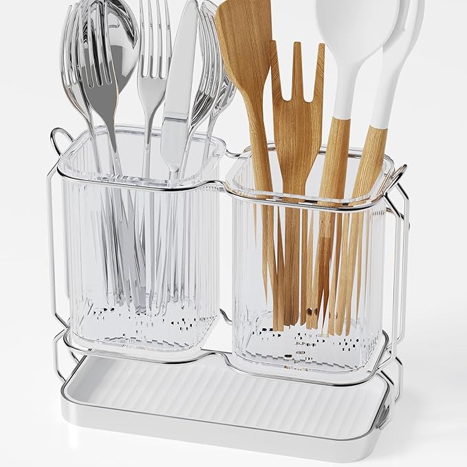 Kitchen Utensil Holder Wall Mount, 6.7" Silverware Holder for Kitchen Countertop, Utensil Drying Holder with Drain Tray for Silverware,Spatula (Silver)