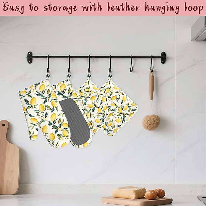 Retro Lemon Floral Silicone Oven Mitts and Pot Holders,Heat-Resistant 4 Piece Kitchen Set Non-Slip Oven Gloves and Hot Pads for Cooking, Baking, Grilling,BBQ