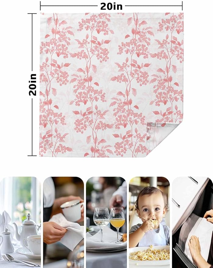 Pink Flower Leaves Cloth Napkins Set of 6 - Washable Dinner Napkins Reusable Table Napkin for Home Party Weeding Dining Table Setting Decoration,Oversized Grey Modern Pastel White Floral Spring Summer