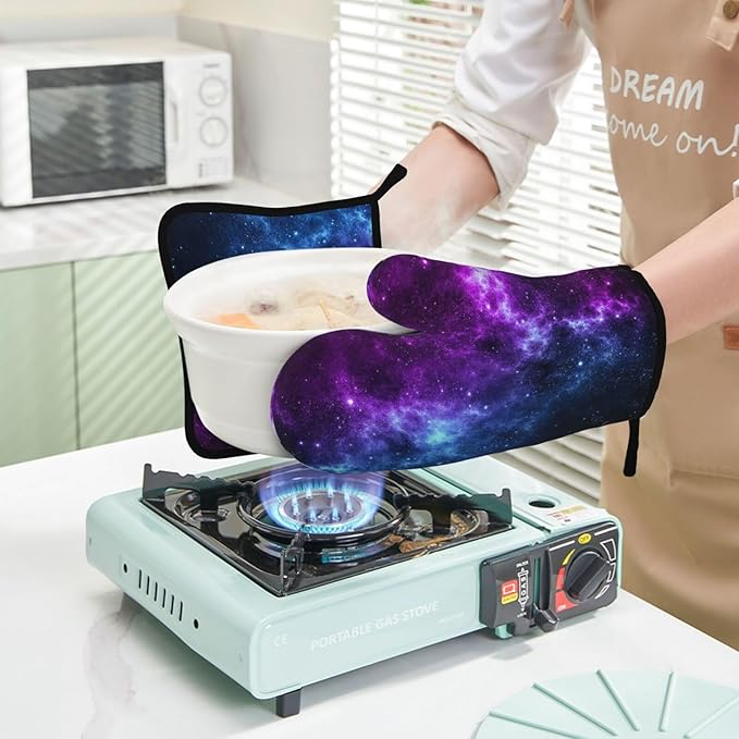 Cool Blue Purple Galaxy Oven Mitts and Pot Holders Sets of 4, Heat Resistant Silicone Oven Mittens and Potholders Gloves Hot Pads for Kitchen Cooking Baking Grilling BBQ Chef