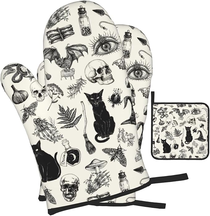 Witch Gothic Pot Holders and Oven Mitts Set, Witchy Wicca Black Cat Skull Kitchen Oven Gloves Hot Pads, Halloween Goth Kitchen Mitts for Cooking Baking Grilling BBQ, Gothic Witchy Gifts for Women