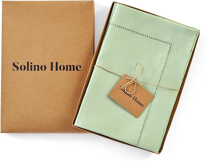 Solino Home Linen Cloth Napkins Set of 4-100% Pure Linen Light Green Dinner Napkins 20 x 20 Inch for Spring, Summer - Classic Hemstitch, Handcrafted and Machine Washable