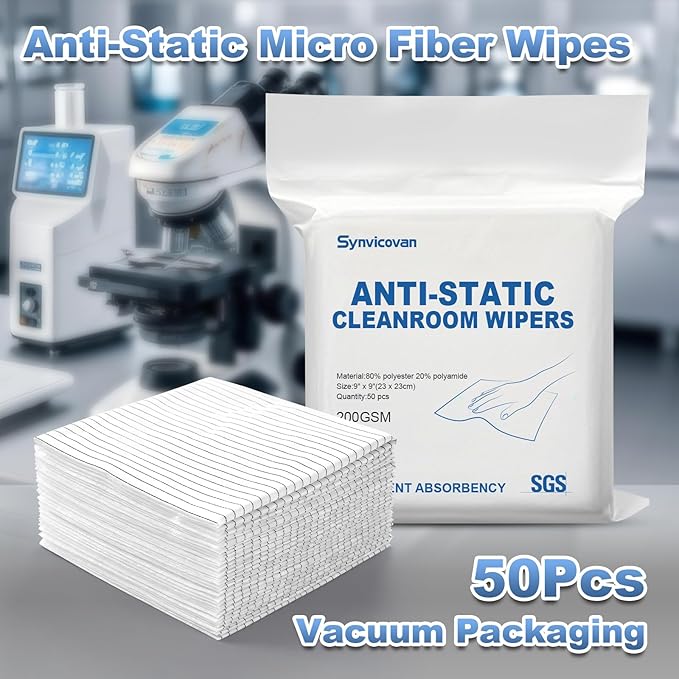 Anti-Static Microfiber Wipes 9"x9"(50 Pcs,Class 100, 200GSM) Lint Free Cloths Reusable Special ESD protection design is suitable for protecting sensitive electronic components and tools