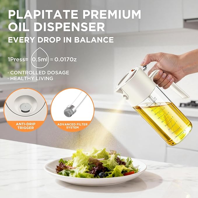 PLAPITATE 2Pcs 17oz Premium Olive Oil Sprayer for Cooking, 2 in 1 Glass Olive Oil Dispenser Bottle for Kitchen Gadgets, Spray Bottle with Portion Control for Salad, Frying, BBQ (Black & White)