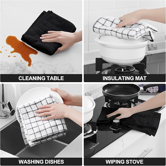 Homaxy Premium Cotton Kitchen Towels 16"x 28", Large Natural Ring Spun 390 GSM Dish Towels, Super Absorbent Terry Kitchen Hand Towels, Soft Tea Towels with Hanging Loop, Black Check Design, 8 Pack