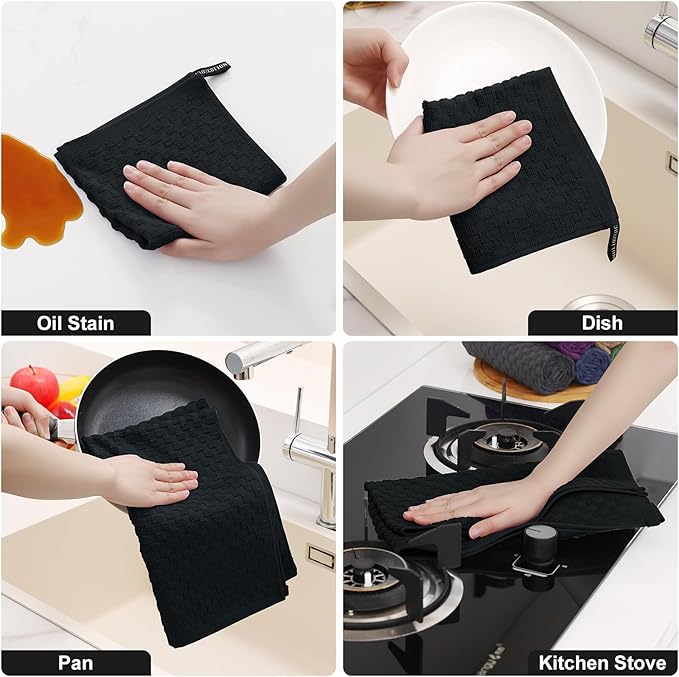 Homaxy 100% Cotton Kitchen Towels and Dishcloths Set, 12 x 12 & 15 x 25 Inches, Set of 10 Bulk Terry Cloth Dish Towels, Super Soft and Absorbent Hand Towel with Hanging Loop, Black