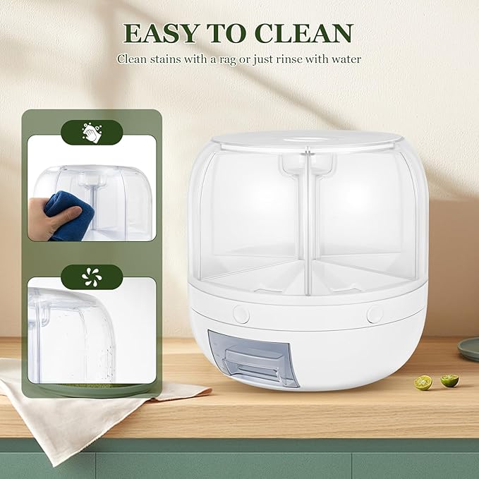Rice Dispenser, 6 Grid 360° Rotating Rice Container Cereal Holder with Lid & Measuring Cup, Grain Storage Organizer for Kitchen Countertop Dry Food, White, 6kg/13lbs
