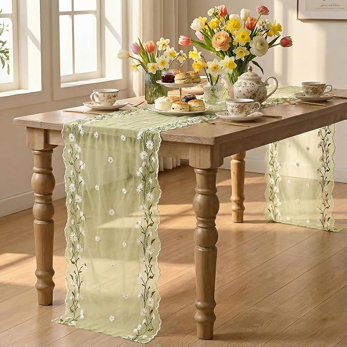 Artoid Mode Daisy Floral Yellow Shaped Gauze Embroidery Table Runner 120 Inch 10FT, Tulle Spring Summer Kitchen Dining Table Decor for Home Party