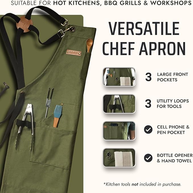Asaya Chef and BBQ Apron with Bottle Opener and Hand Towel - 10oz Cotton Canvas, Stainless Steel Hardware - Cross Back Straps