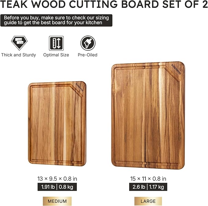 2 Pack Teak Cutting Board for Kitchen Non Toxic Wooden Chopping Board Charcuterie Board Non Slip Over Sink NOT Bamboo Stainless Steel Titanium Acrylic Acacia Olive Glass Plastic Silicone Metal