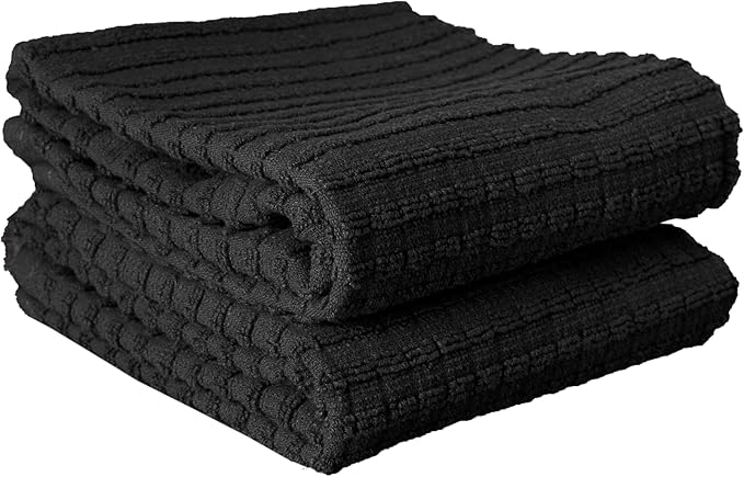Ritz Royale Collection 100% Combed Terry Cotton, Highly Absorbent, Kitchen Towel Set, 13-3/4" x 12", 4-Pack, Solid & Checked, Black