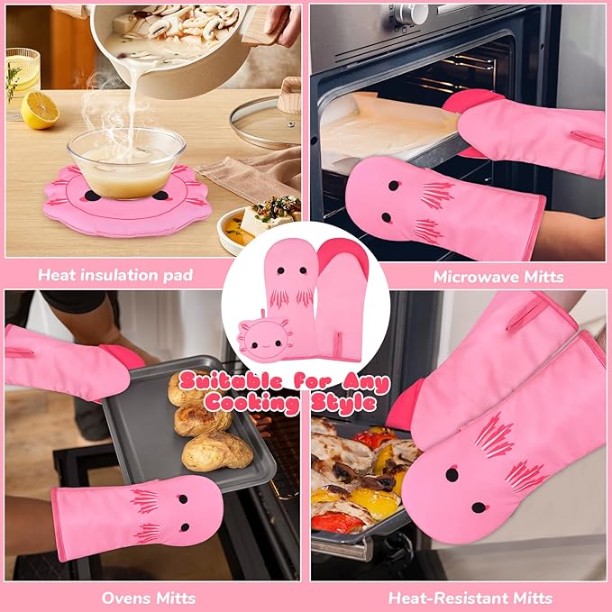 Oven Mitt, Cute Axolotl Oven Mitt Set with Pot Holders, Oven Mit Kitchen Mitts for Oven, Oven Mitts Heat Resistant Axolotl Kitchen Decor & Gifts for Housewarming