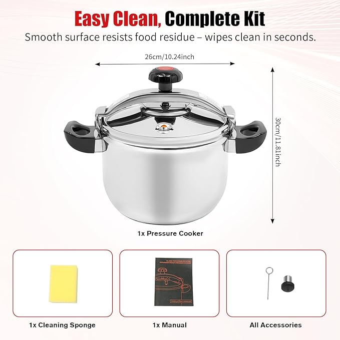 9.5 Qt Pressure Cooker, Stainless Steel Large Capacity Pressure Canner with Double Valves, Clamp On Type Commercial Pressure Stewing Pot for Hotels, Restaurants, Family (9.51 Qt)