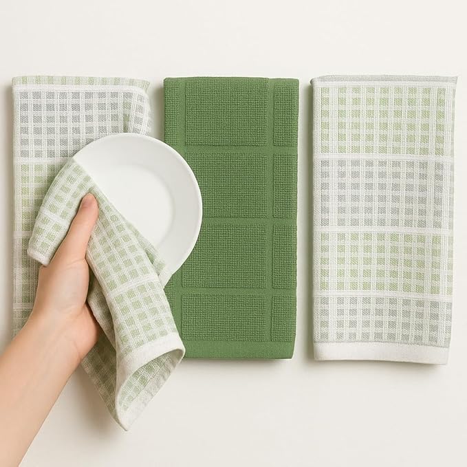Sage Green Kitchen Dish Towels – Set of 3 100% Cotton Cloth Soft Cleaning Drying Absorbent Textured Waffle & Checkered Weave – Oversized 28" x 18" Multipurpose Towels for Everyday Use