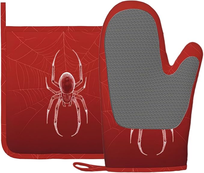 Halloween Spider Web Oven Mitts and Pot Holders Sets Silicone Heat Resistant Kitchen Oven Gloves Pot Holder for Cooking Baking Grilling BBQ