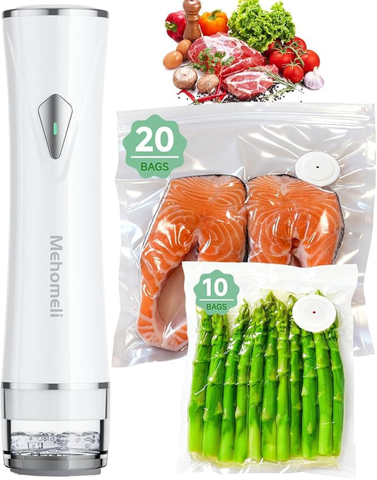 Mehomeli Compact Vacuum Sealer for Food (Vacuum Sealer Machine + 30 Reusable Vacuum Bags), Powerful Handheld Vacuum Sealer Machine, Seal Food 6X Fresh Longer, Portable & Wireless, Easy-Clean